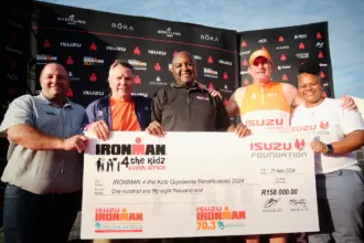 From left to right: Willie Spangenberg, Dealer Principal, Williams Hunt Gqeberha, Garth Wright, IRONMAN 4 the Kidz Trustee, Celestin Ndhlovu, ISUZU Vice President Planning, Marketing and Corporate Affairs, Gary Stephenson, IRONMAN 4 the Kidz Trustee and Marcia Mayaba, ISUZU Department Executive, Dealer and Business Development